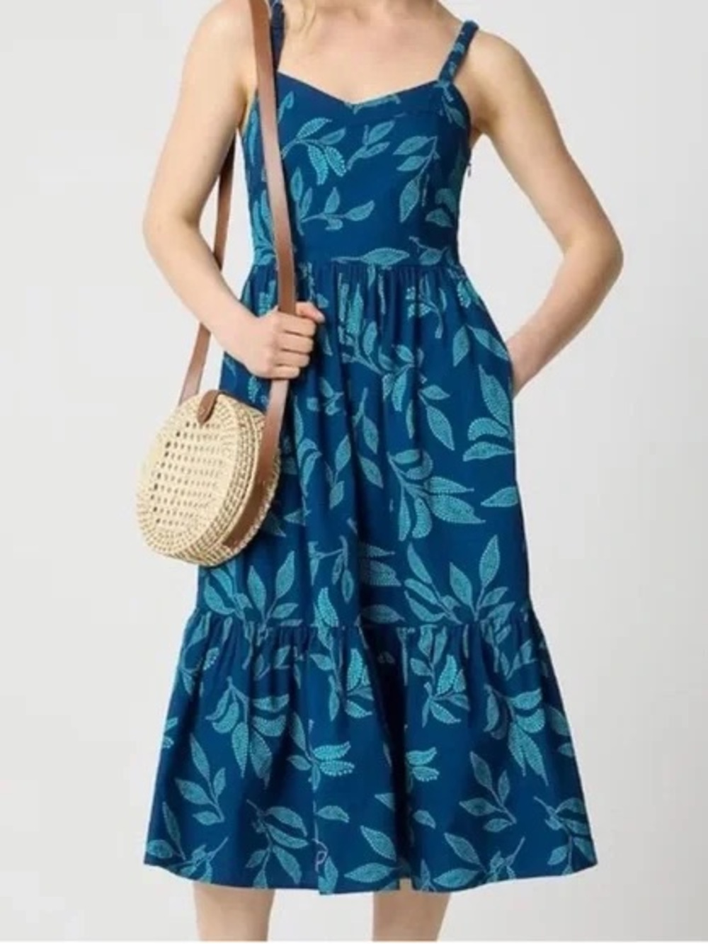 J. Crew Blue Leaf-Print Midi Sundress